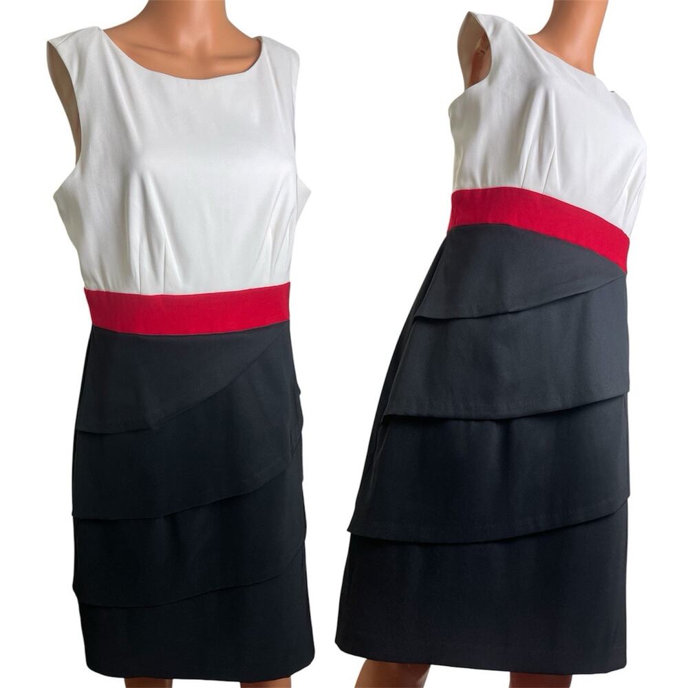 Connected Apparel Sheath Dress Tiered Knee Length Sleeveless Boat Neck Size 12
